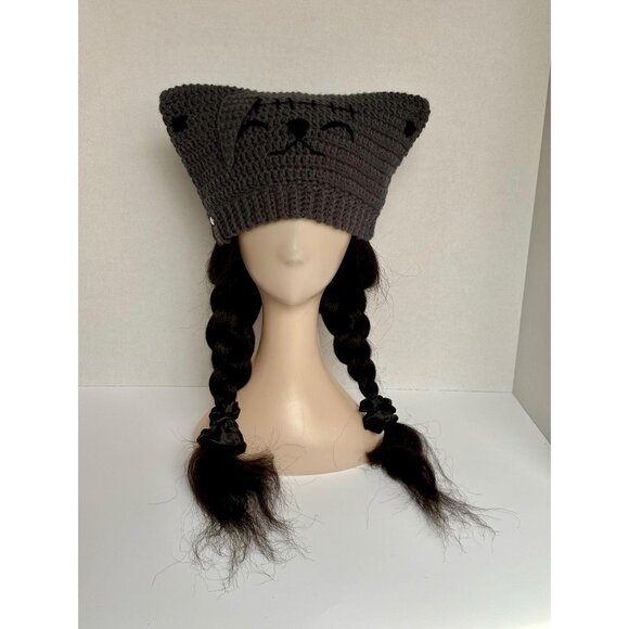 Grey Cat Beanie with black stitches/scar, mouth and gauges - Picture 4 of 10
